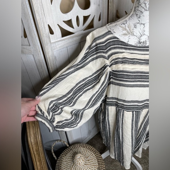 Free People Womens Cream Black Striped Long Sleeve Babydoll Mini Dress Sz Small - Picture 2 of 5